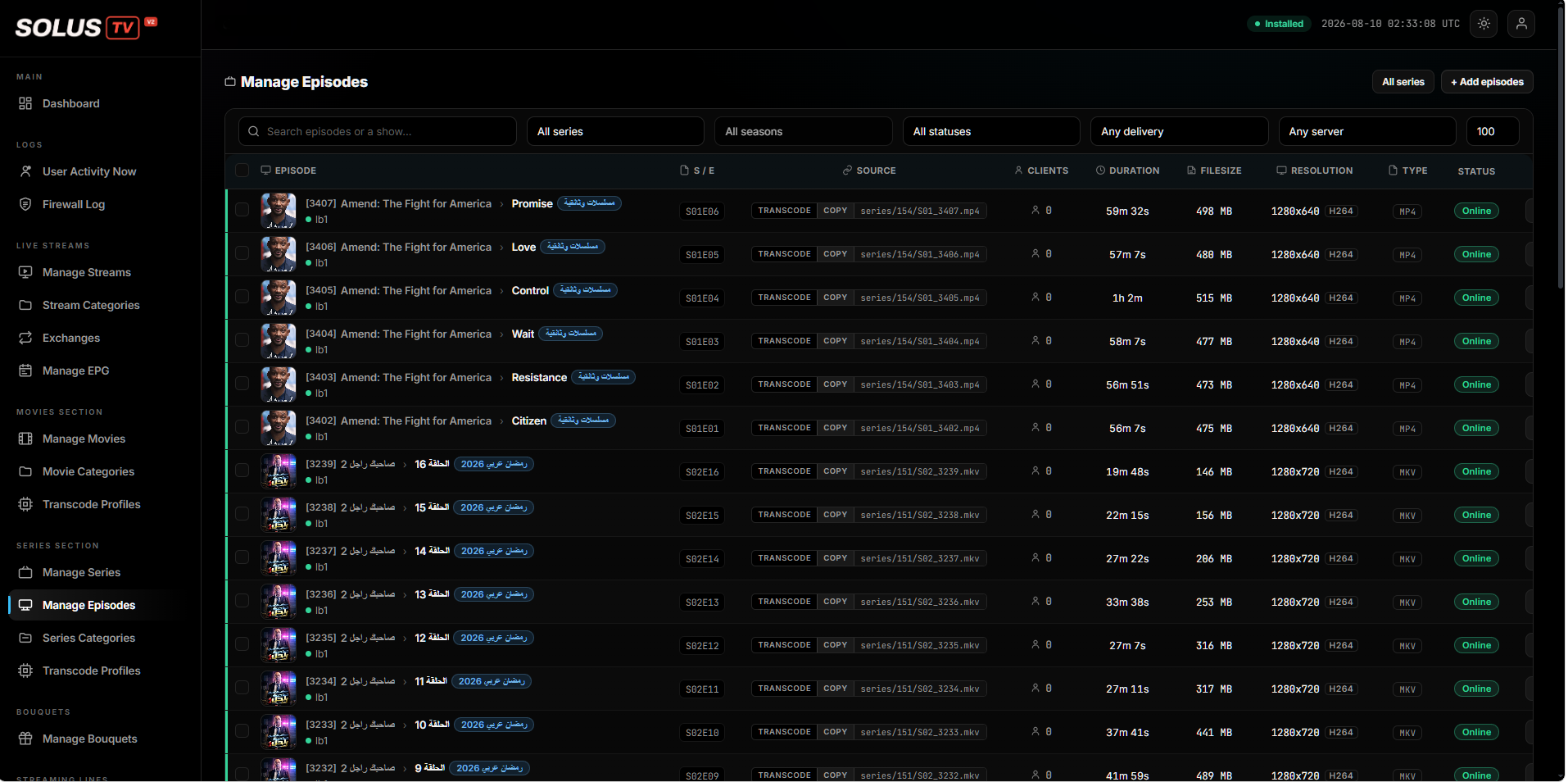 Managing series and episodes, with source, duration, size and status