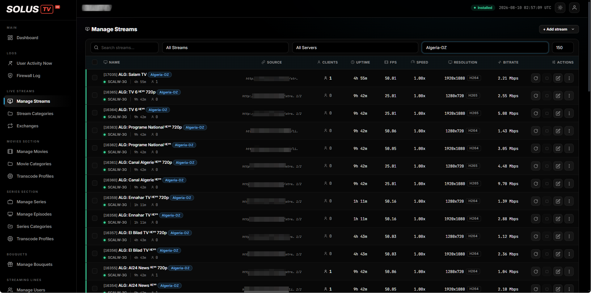 Stream monitoring, showing connected clients, uptime and picture detail per channel